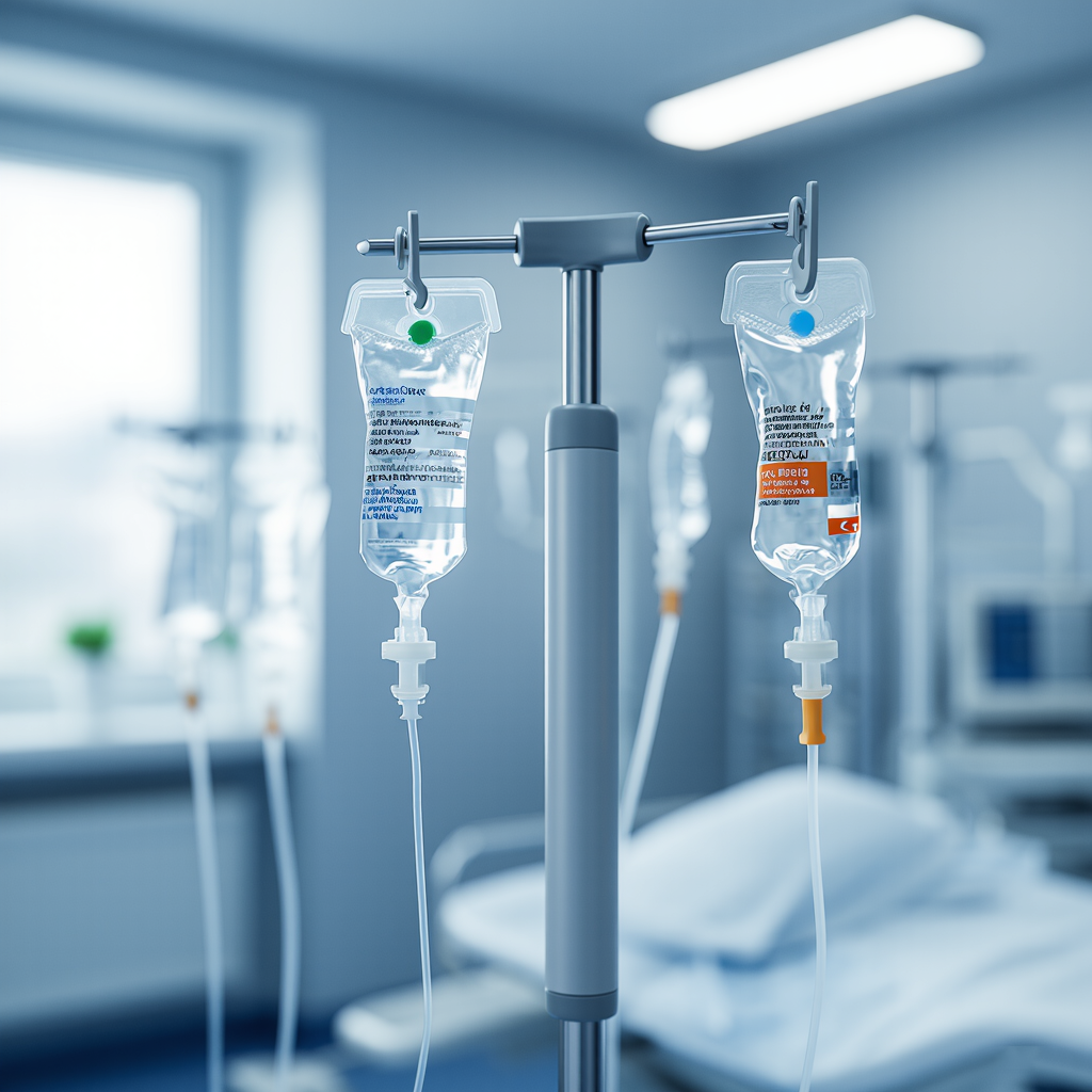 Close-up of two IV bags hanging on a stand in a modern medical room with a hospital bed in the background.