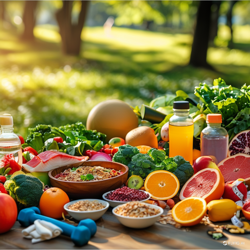 A colorful outdoor display of fresh fruits, vegetables, healthy meals, juice bottles, and fitness gear on a table in a sunny park setting.