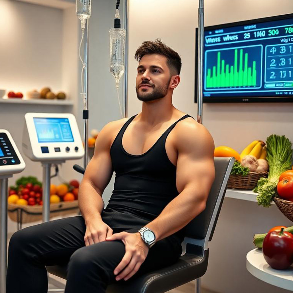 A fit man in athletic wear receiving IV therapy in a modern wellness clinic, surrounded by fresh produce and digital health monitors.
