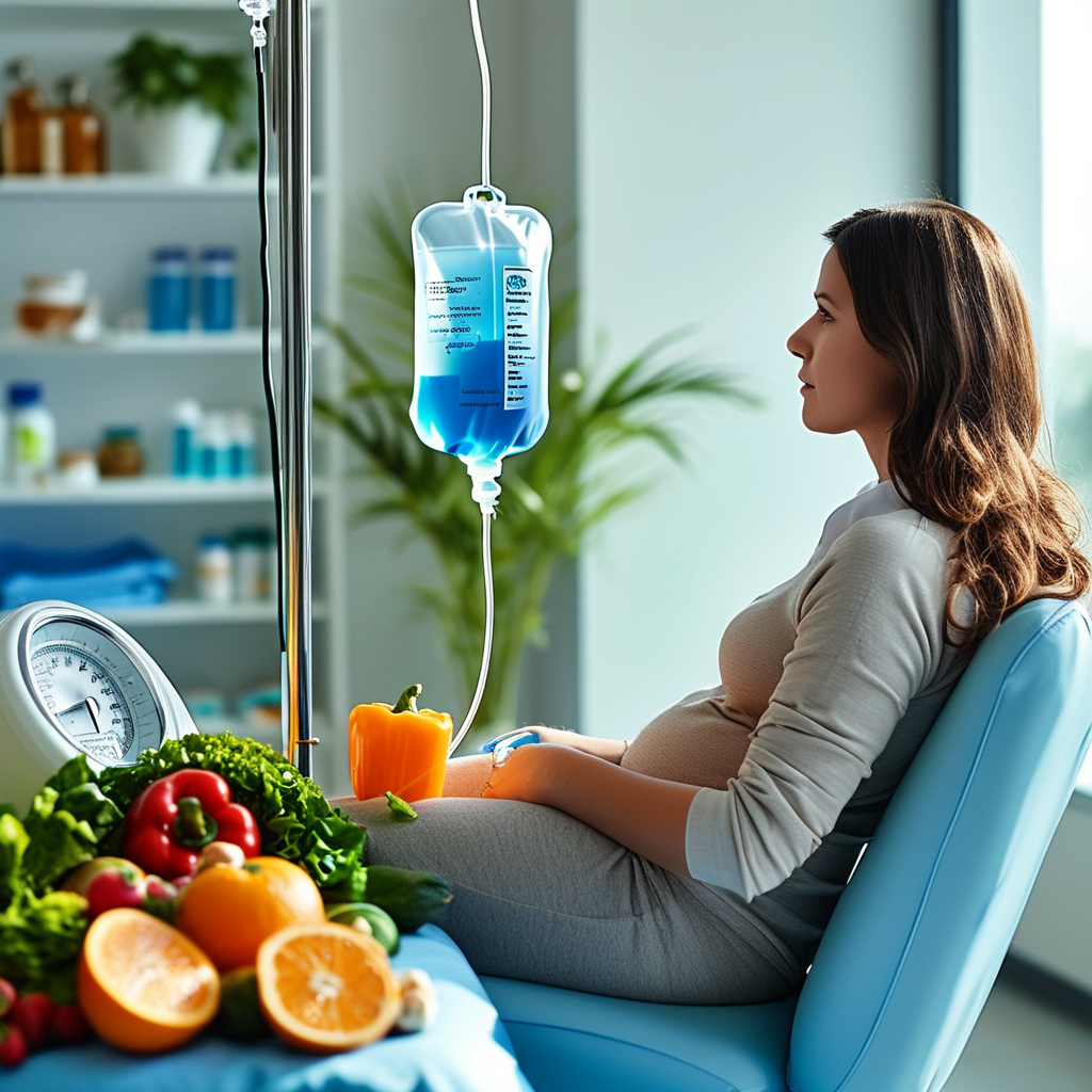 A pregnant woman sits in a modern clinic receiving IV therapy, surrounded by fresh fruits and vegetables.